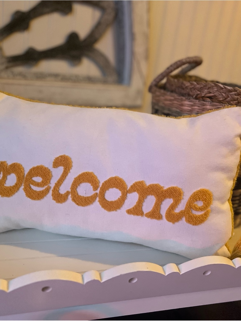 Welcome Embroidered Accent Pillow - White with Mustard Text